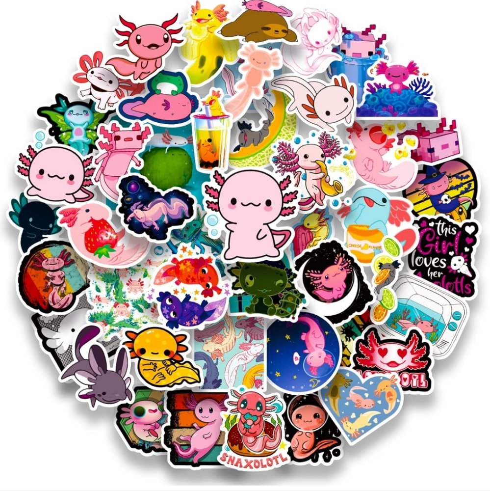50 Piece Cute Axolotl Sticker Pack for decor laptop phone mug luggage cup